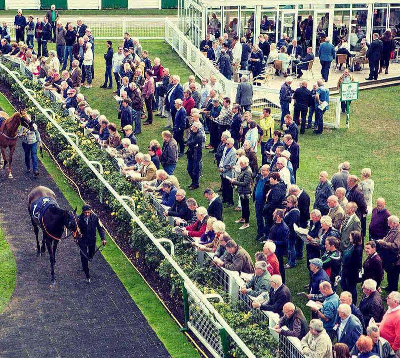 Crowds lined up next to the parade ring at Great Yarmouth Racecourse.
