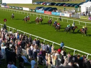 Crowd in grandstand, horses charging towards winning post